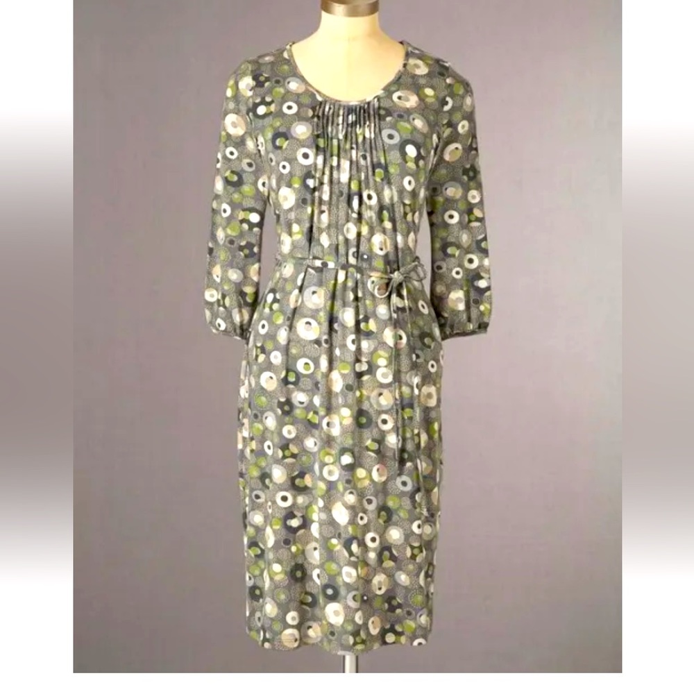 Boden Gray Floral Dot Midi Dress with Tie Waist